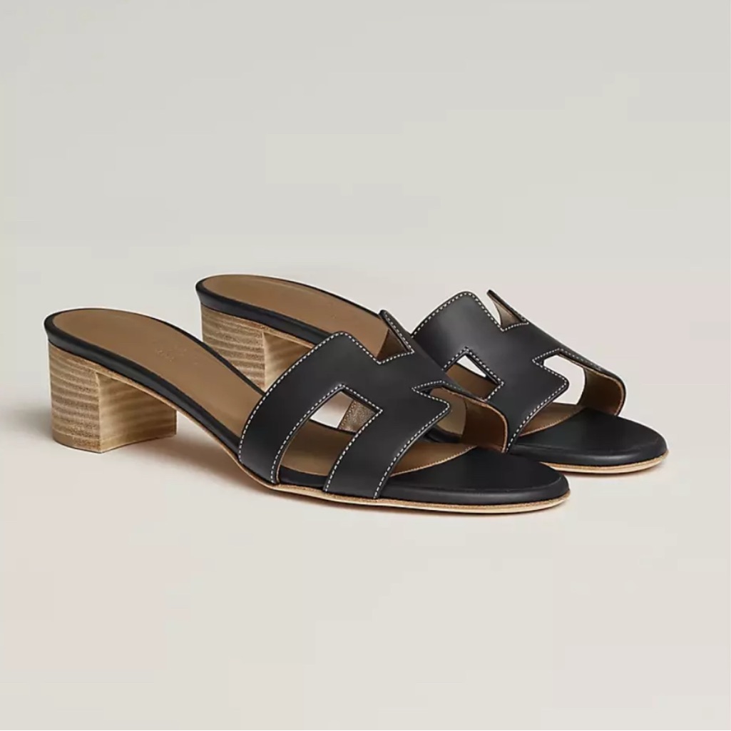 New In Box Herms Black Noir Calfskin Oasis Sandals